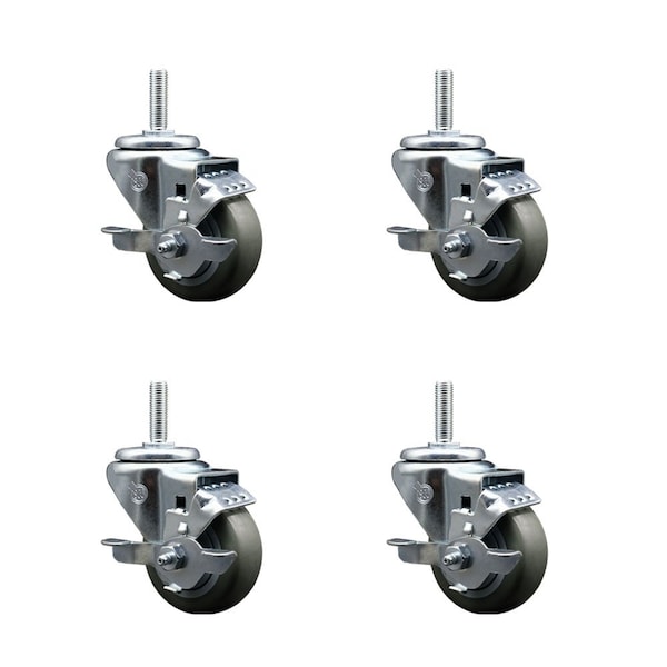 Service Caster 3 Inch Gray Polyurethane Wheel Swivel 34 Inch Threaded Stem Caster Set with Brake SCC SCC-TS20S314-PPUB-TLB-34212-4 - main